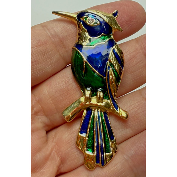 Unbranded Jewelry - Gold Tone Blue Green Enamel Woodpecker Bird on Branch Rhinestone Eye Pin Brooch